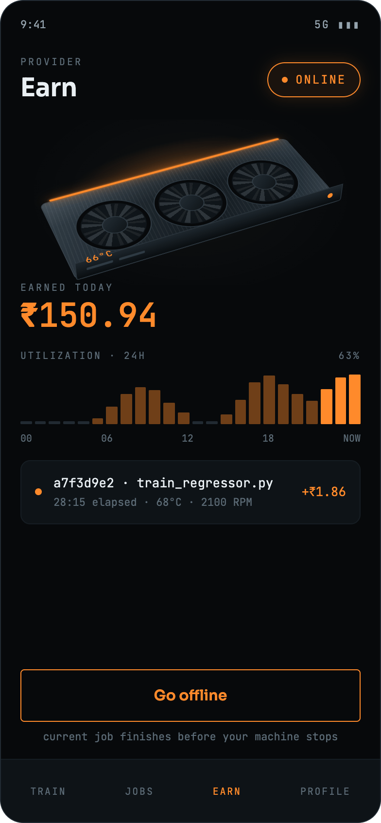 The GaaS earn screen with the provider online, showing earnings for the day, an hourly utilisation chart and the job currently running on their GPU