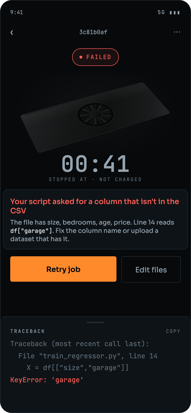 The GaaS monitor screen after a failed job, explaining in plain English that the script asked for a column the CSV does not have, with the raw traceback below
