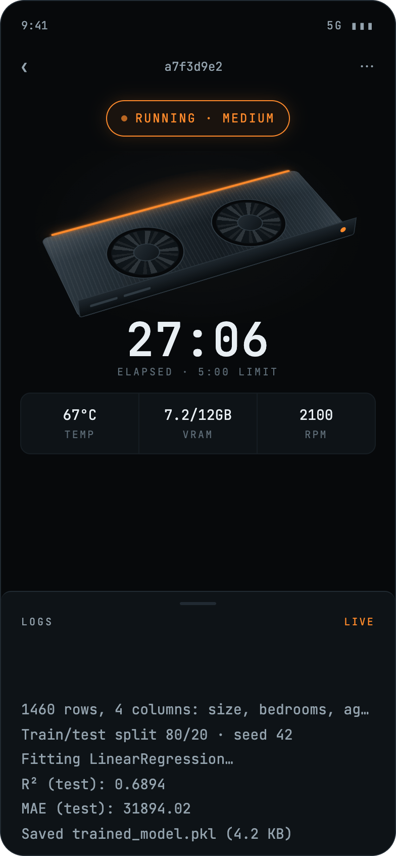 The GaaS monitor screen with a job running on a medium tier GPU, showing elapsed time, temperature, VRAM use and a live log stream