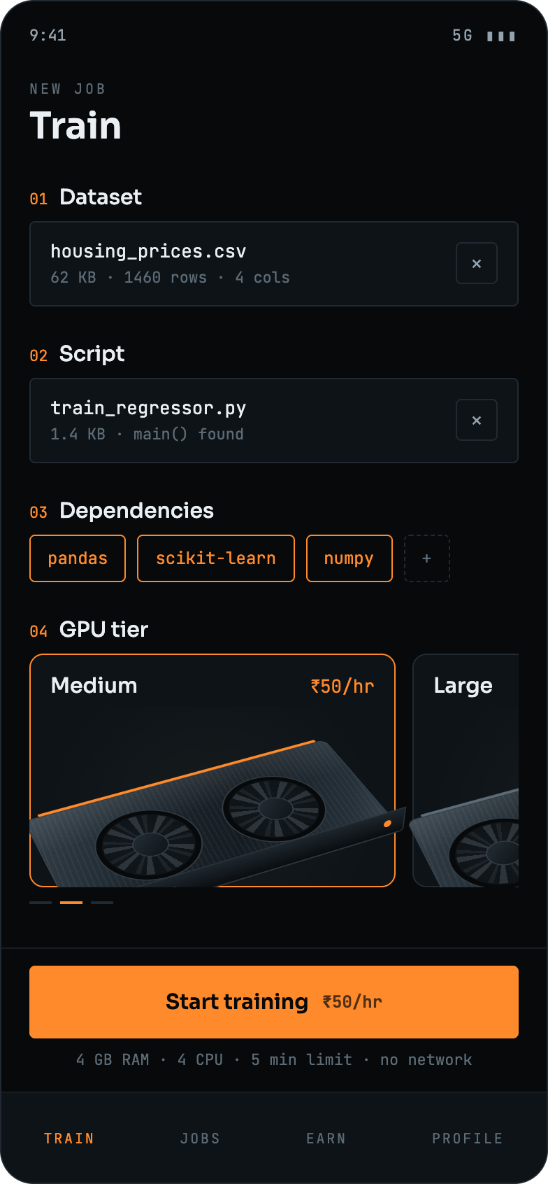 The GaaS train screen filled in, with a dataset and script attached, package chips added, and the medium GPU tier selected at ₹50 an hour