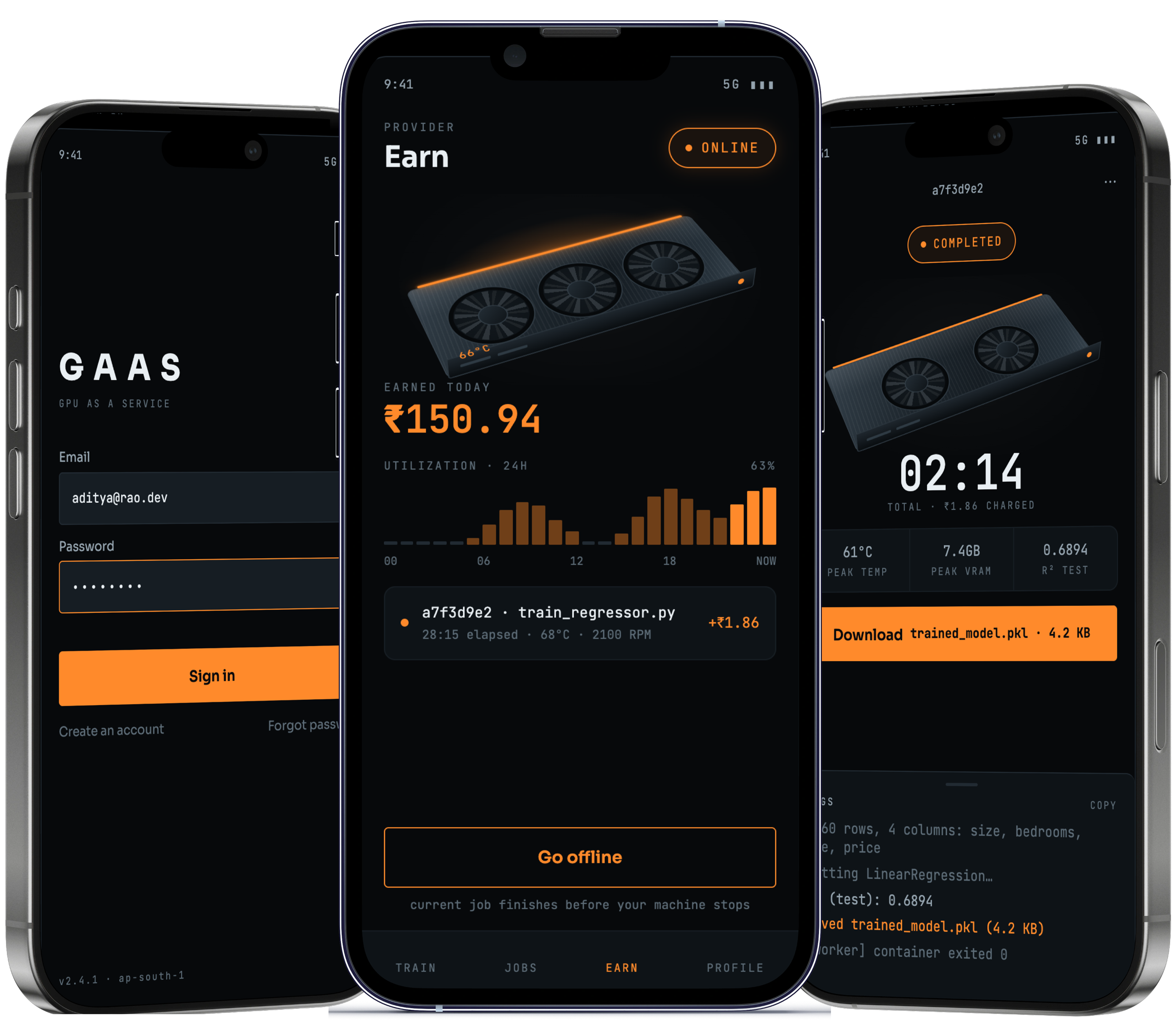 Three screens from the GaaS app: the sign-in screen, the Earn screen with a provider online and the day's earnings and utilisation, and a completed run with its peak telemetry and the trained model ready to download