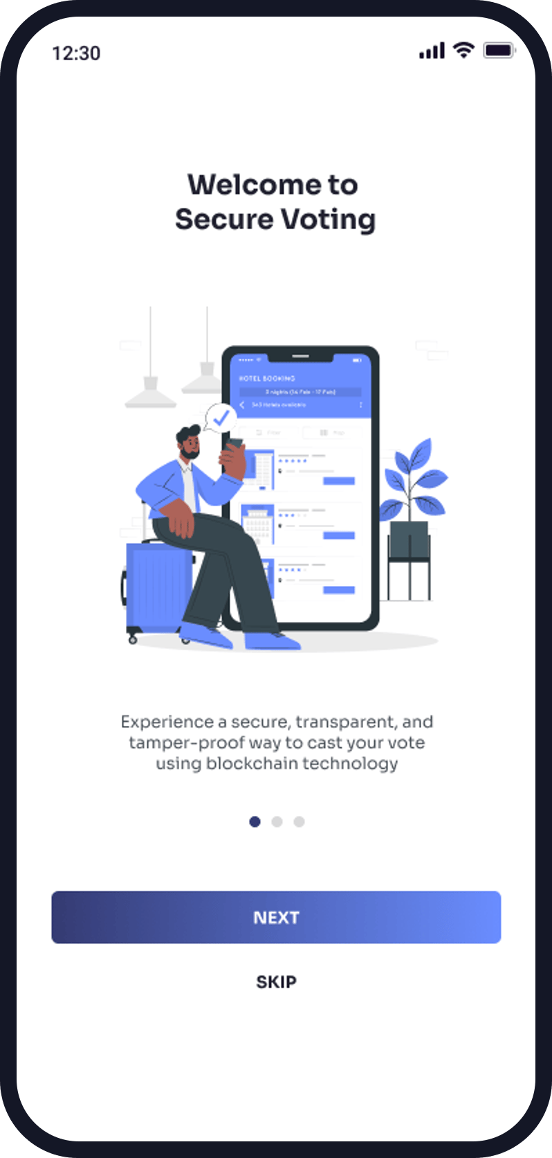 The NextElect onboarding screen introducing secure, tamper-proof voting