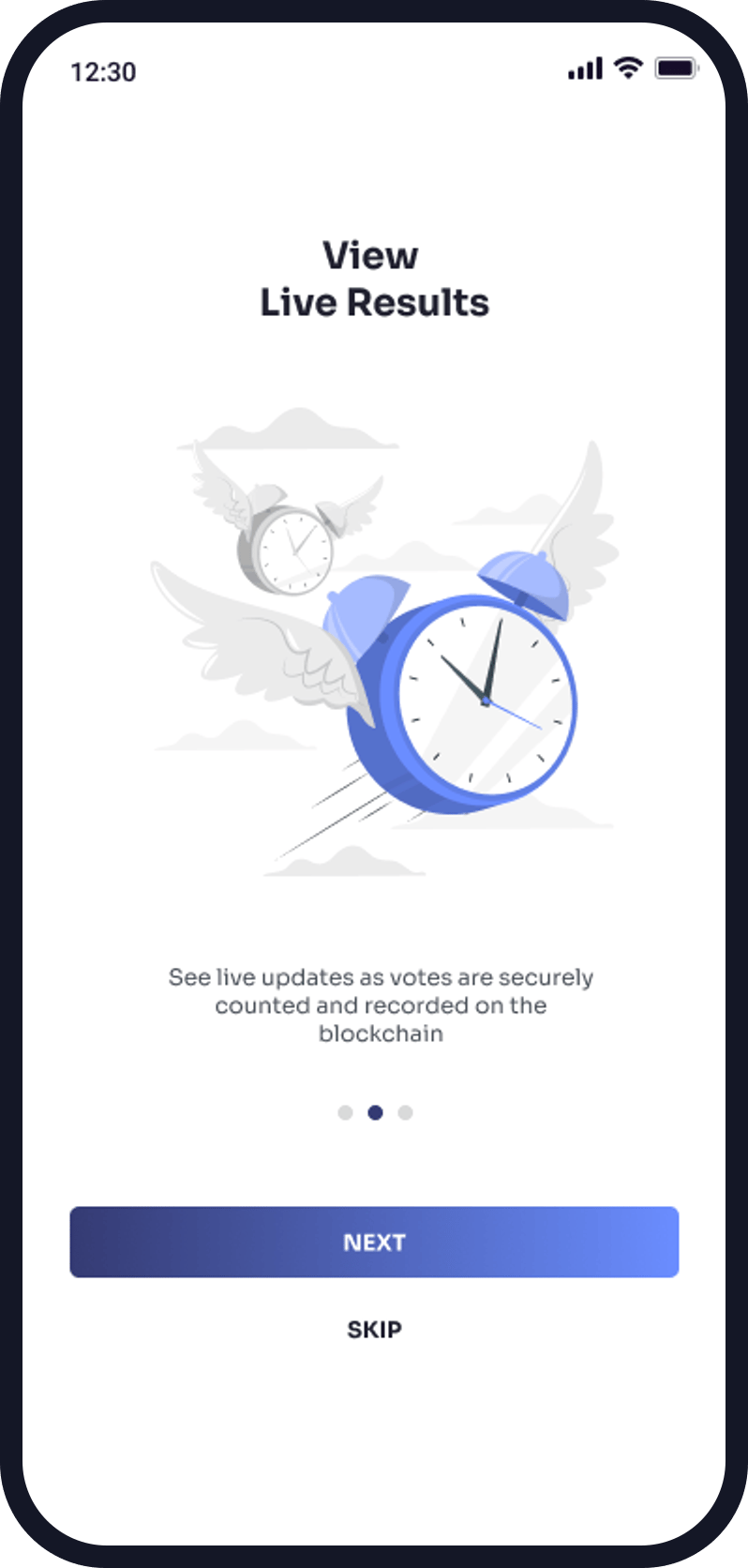 The NextElect onboarding screen explaining that votes are counted and recorded on the blockchain