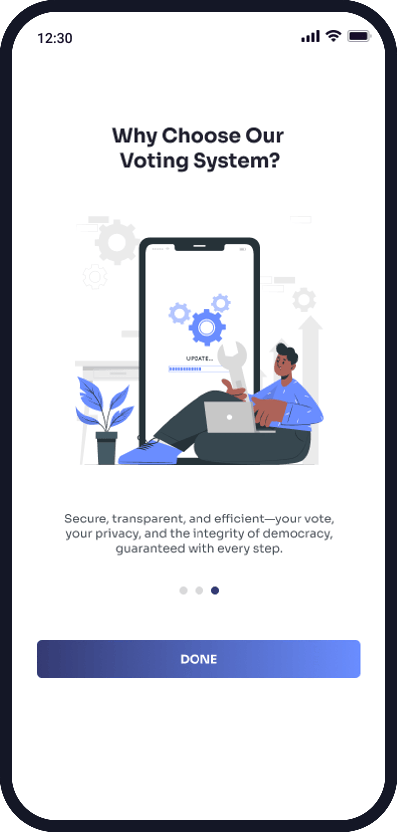 The NextElect onboarding screen summarising the platform's security, privacy and integrity