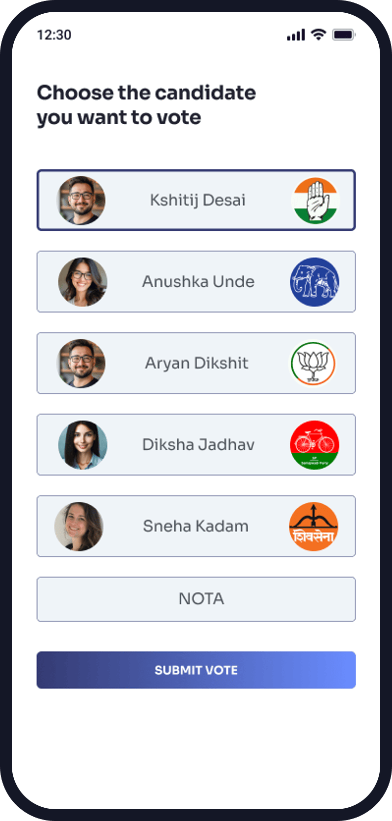 The NextElect candidate selection screen with a candidate chosen and the submit vote action ready
