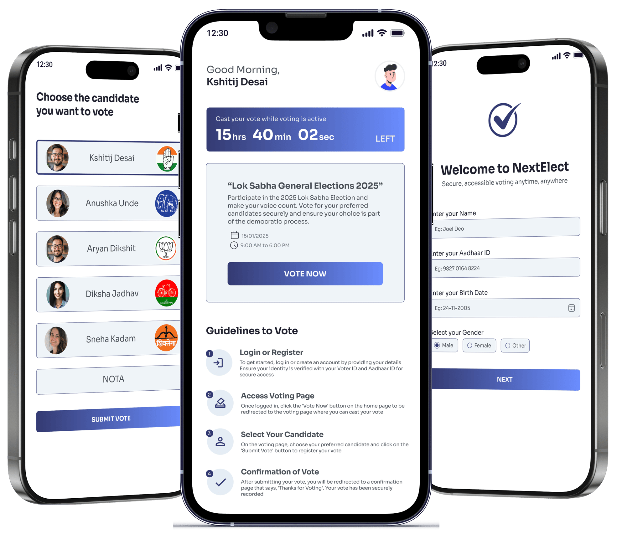 Three screens from the NextElect app: candidate selection with a NOTA option, the home screen with a live voting countdown and voting guidelines, and the welcome and registration form