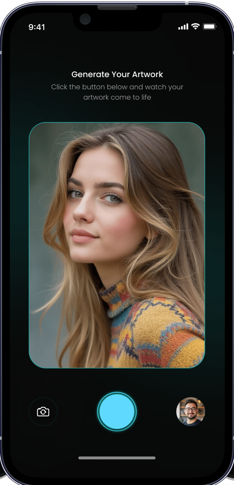 The SnapAI capture screen with the photo shown large and the generate button ready