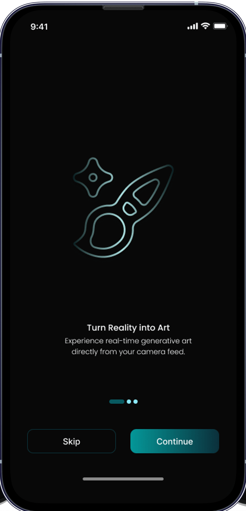 The SnapAI onboarding screen introducing real-time generative art from the camera feed