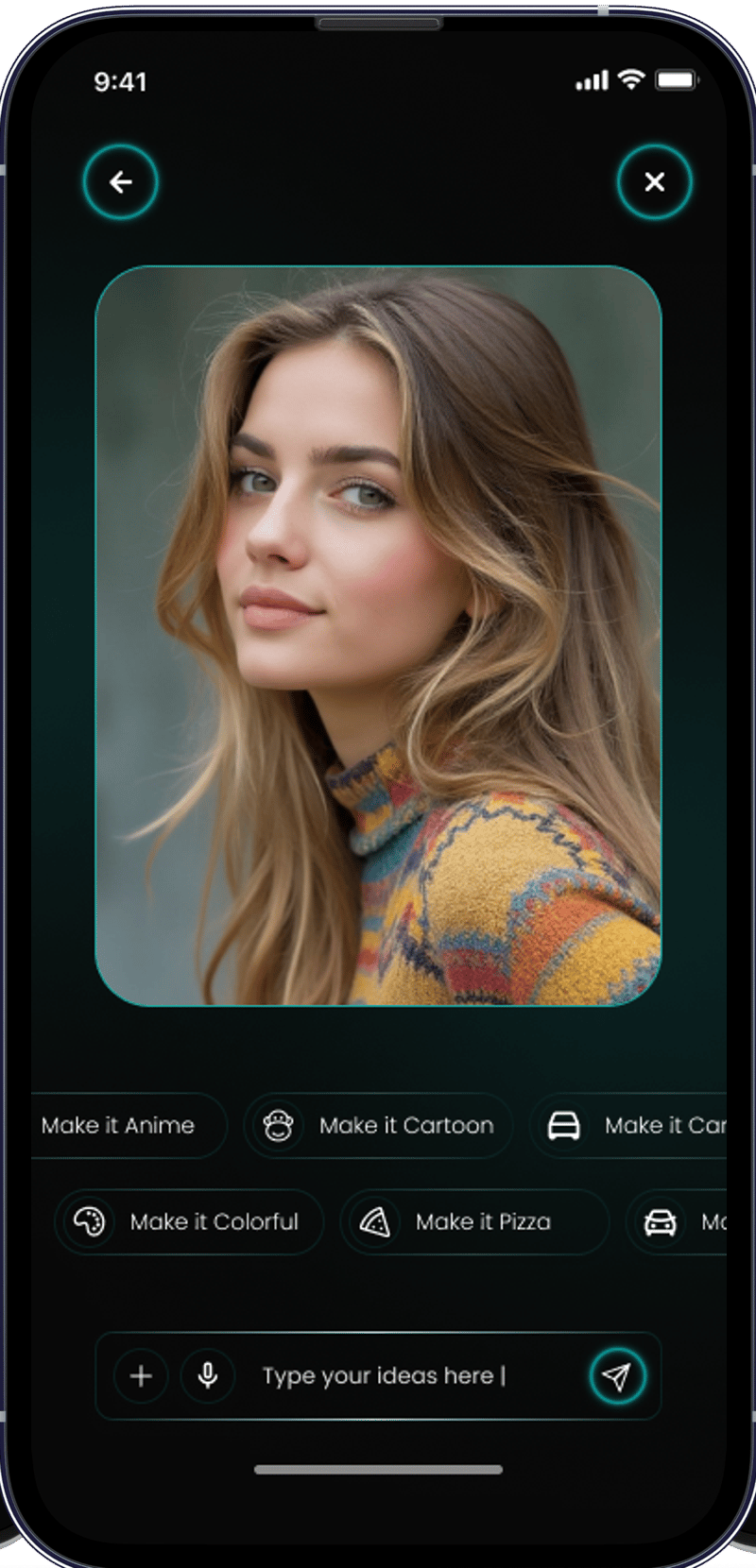 The SnapAI editing screen offering one-tap style prompts such as Make it Anime and Make it Cartoon