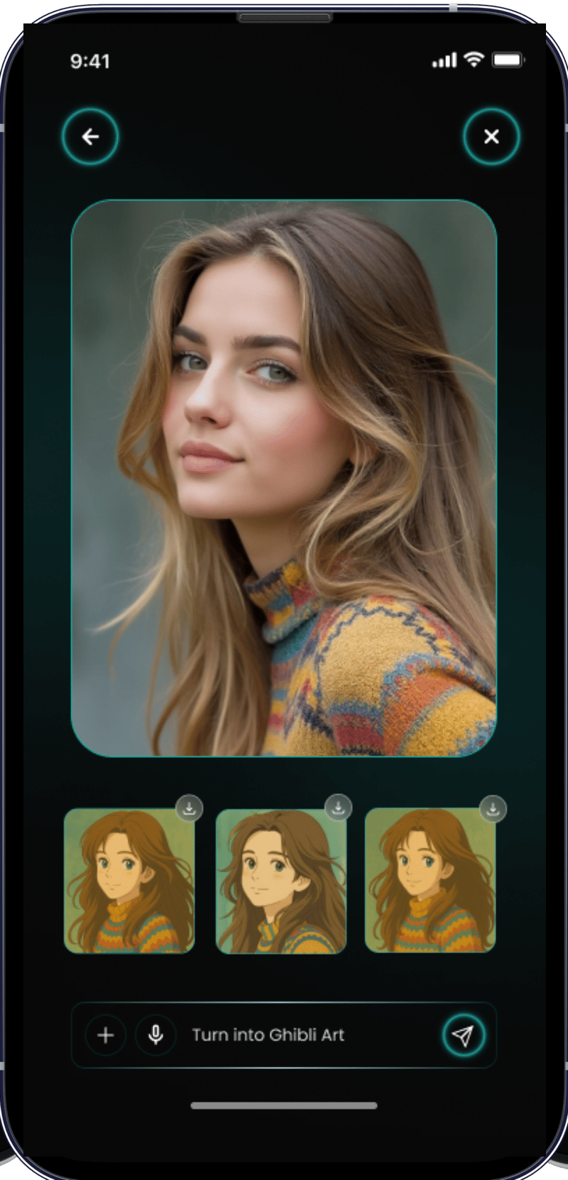 The SnapAI result screen: the original photo at full size, three Ghibli-style AI variants below it, and the prompt that produced them
