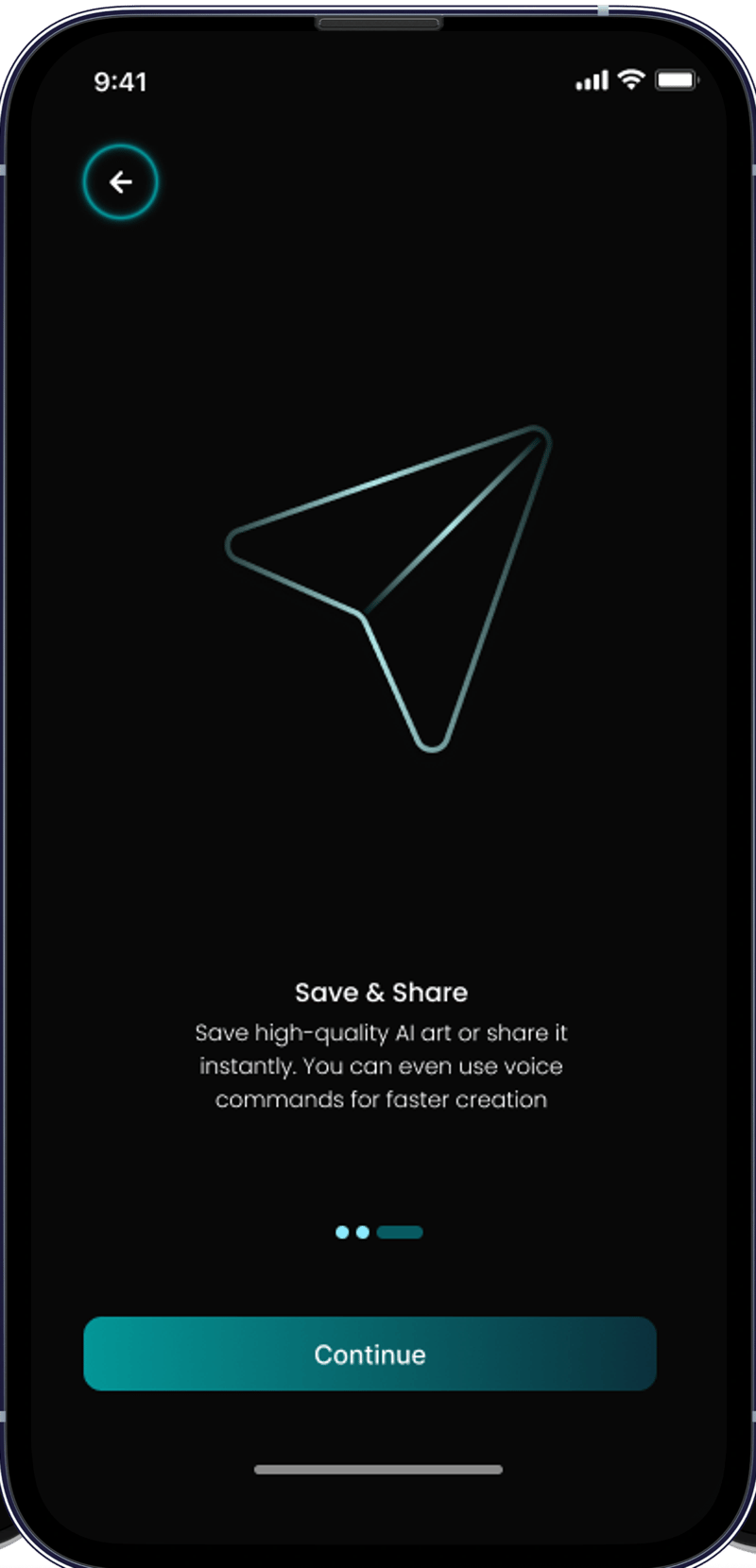 The SnapAI Save and Share onboarding screen, showing saving, sharing and voice commands for faster creation