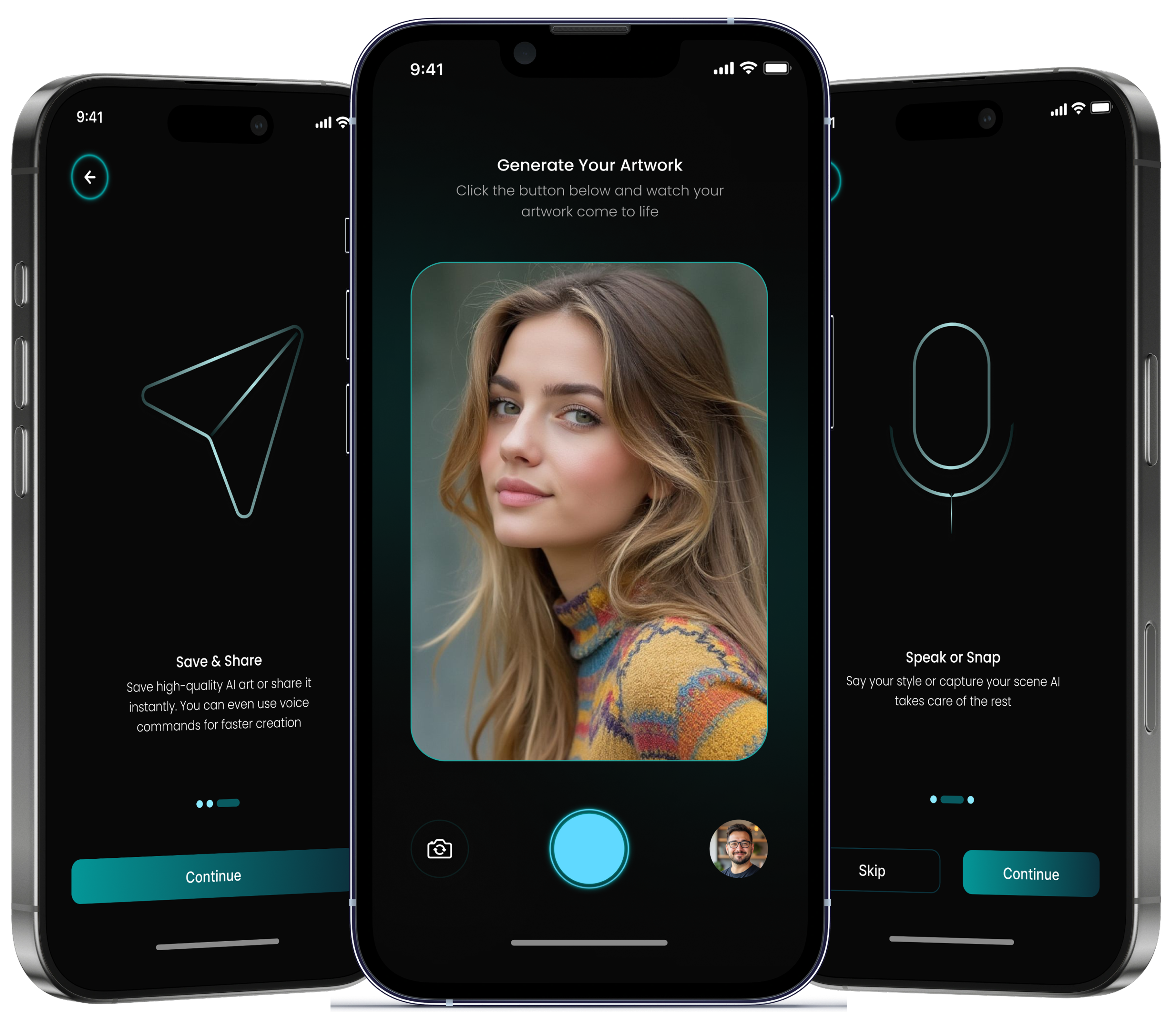 Three screens from the SnapAI app: the Save & Share onboarding screen, the Generate Your Artwork capture screen with a photo framed and ready, and the Speak or Snap onboarding screen