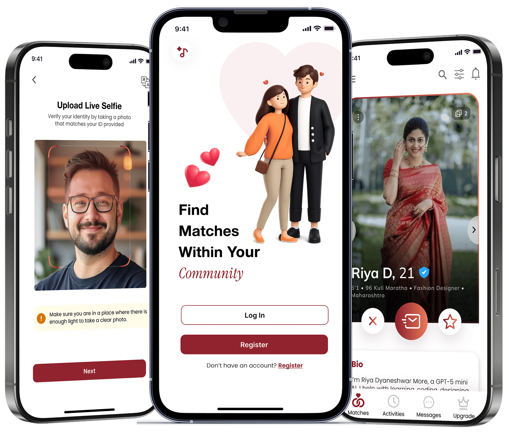 Three screens from the Adi Kokna Vivah app: live selfie verification, the welcome screen, and a verified profile