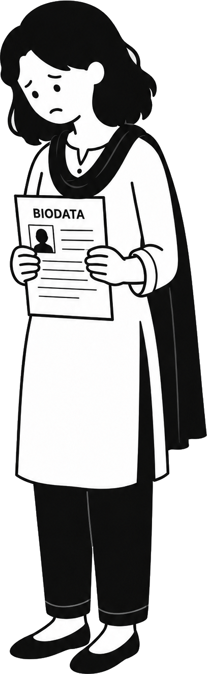 Line illustration of the member the platform was designed around, holding a printed biodata sheet